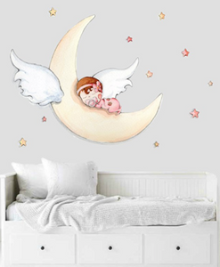 Ilustração bebé na lua para colar na parede de quarto de menina - semelhante a papel de parede