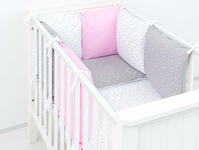 Conjunto de cama de bebé - 8 artigos, com contorno de berço em almofadas stars rosa