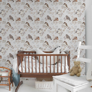 Papel de parede BIRDS White-Gray para quarto de criança