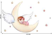 Load image into Gallery viewer, Ilustração bebé na lua para colar na parede de quarto de menina - semelhante a papel de parede
