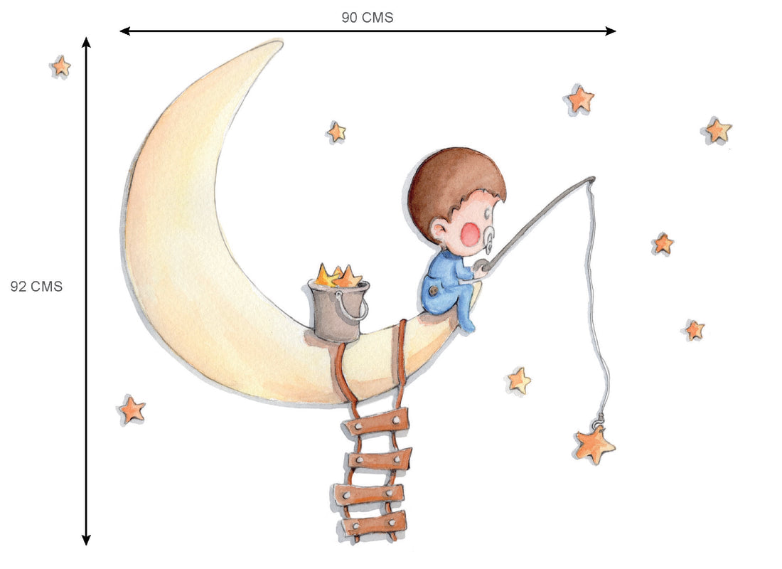 Ilustração bebé na lua para colar na parede de quarto de menino - semelhante a papel de parede